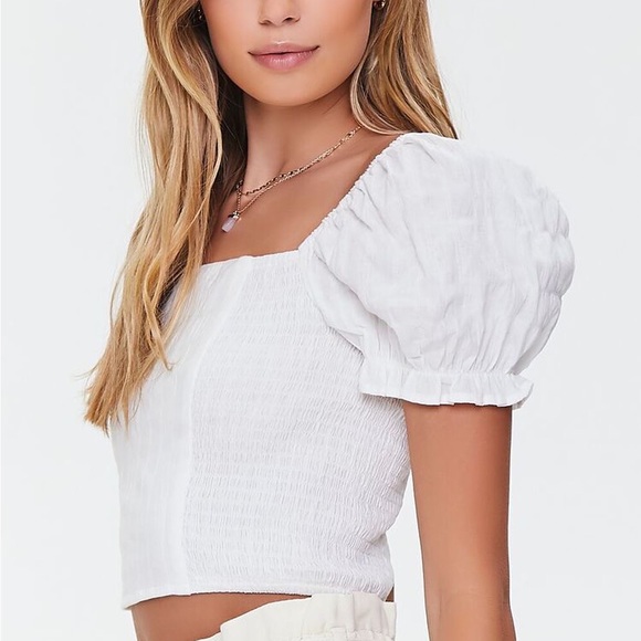 FOREVER 21 Sweet White Puff Sleeve Smocked Crop Top S - Picture 1 of 4